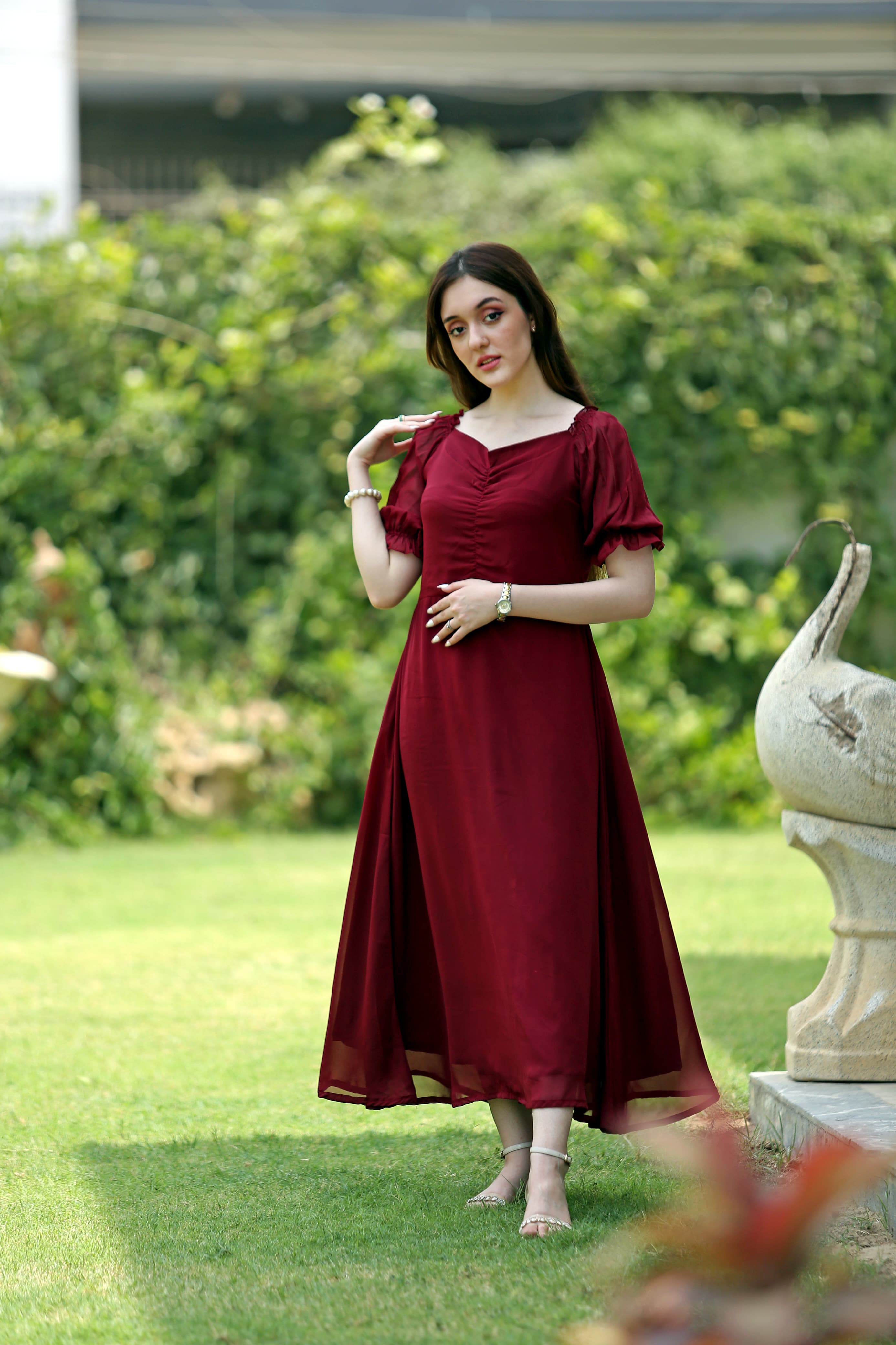 Berry Mid-Pleat Chiffon Maxi