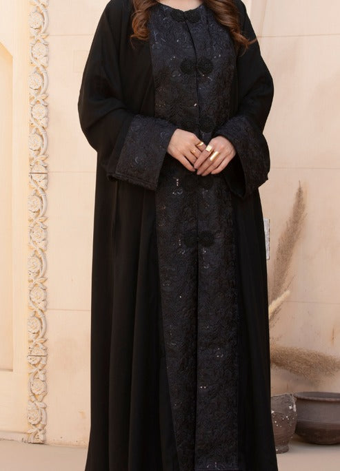 Black Embroidered Gown abaya with Front Button Closure and Traditional Motif