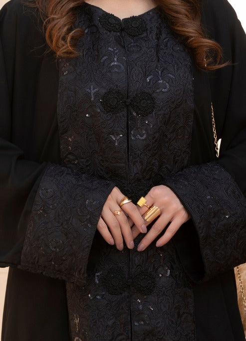 Black Embroidered Gown abaya with Front Button Closure and Traditional Motif