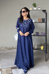 Navy Blue Color Maxi Dress With Hand Embroidered