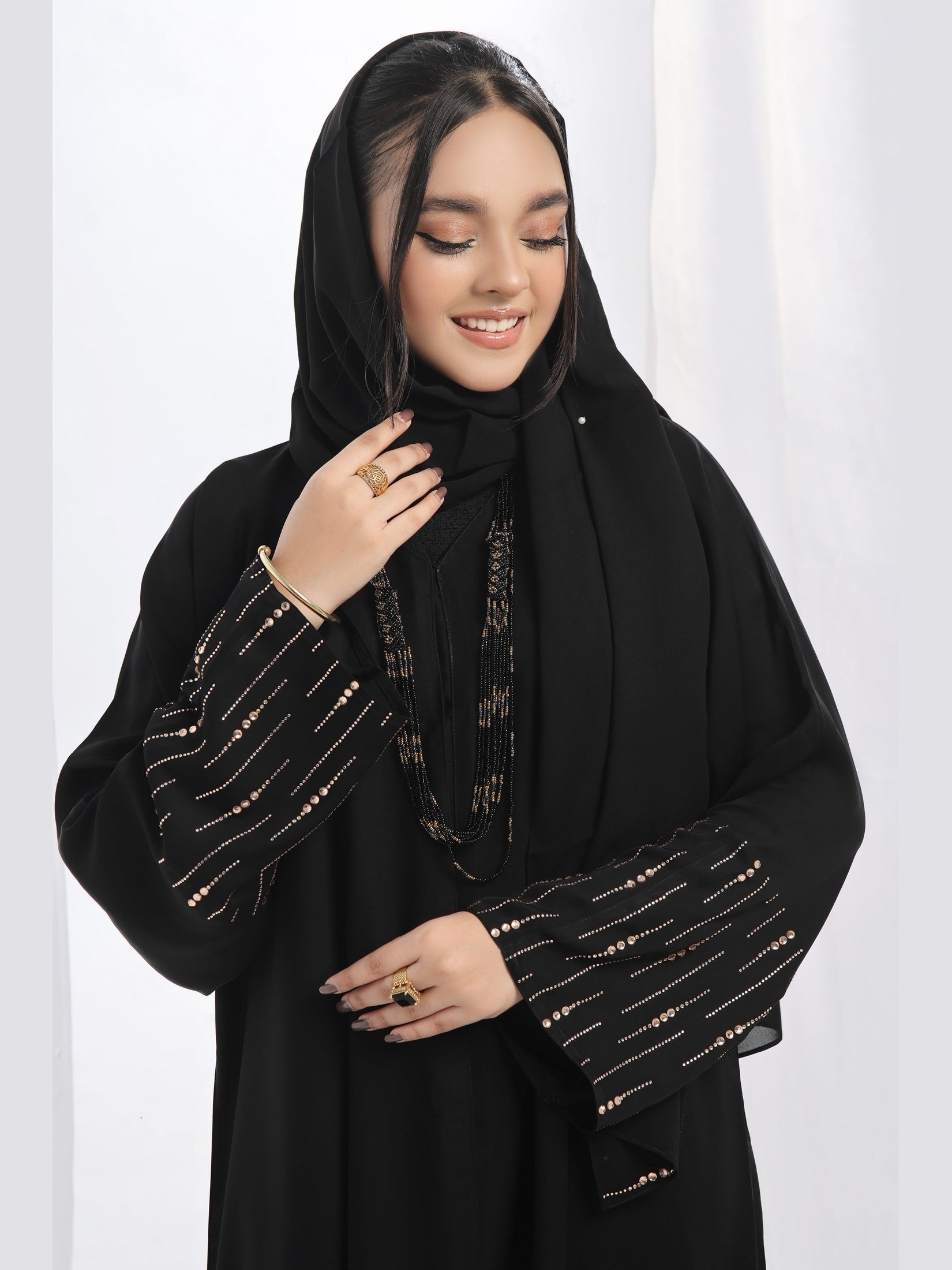 Elegant Black Front-Open Nidha Abaya with Stonework Sleeves & Matching Korean Chiffon Sheila