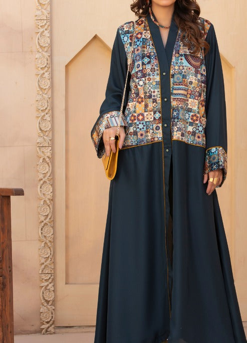 Blue Gown abaya with Printed Mosaic Panel & Subtle Front Buttons – Lightweight Comfort